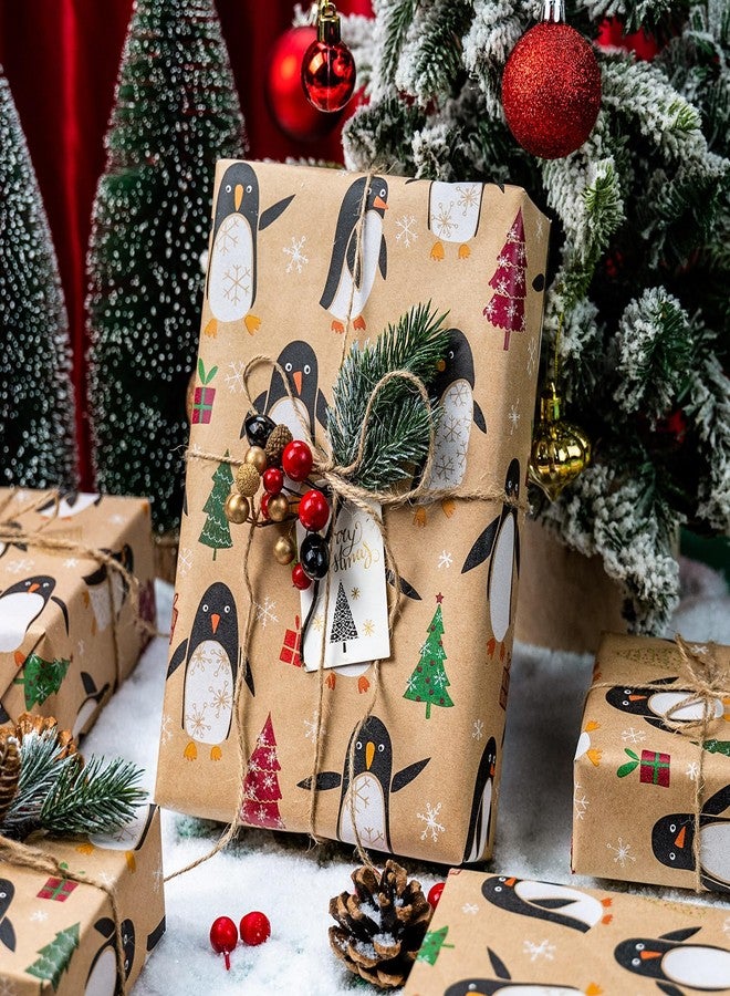 MAYPLUSS Christmas Wrapping Paper Roll - 17IN X 33FT - Kraft Gift Wrapping Paper Featuring Cute Penguin Christmas Tree Snowflake Reversible Cut Lines for Kids, Holiday, New Year - Image 5